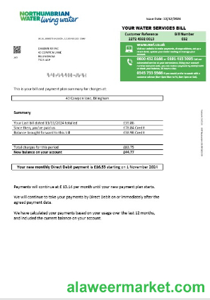 United Kingdom Northumbrian Water business utility bill template in Word and PDF formats, version 1
